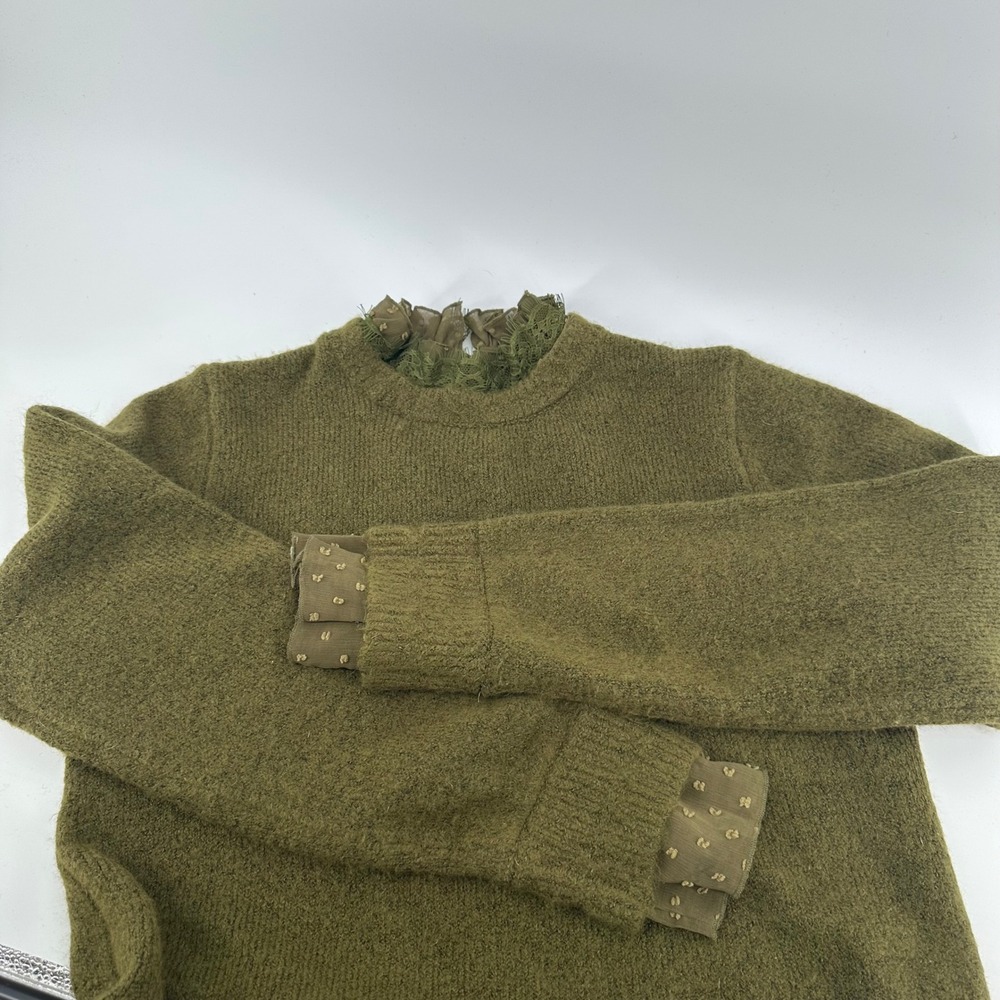 Cider Sweater Womens Small Green Lace Trim Swiss Dot Mesh Long Sleeve Knit Top